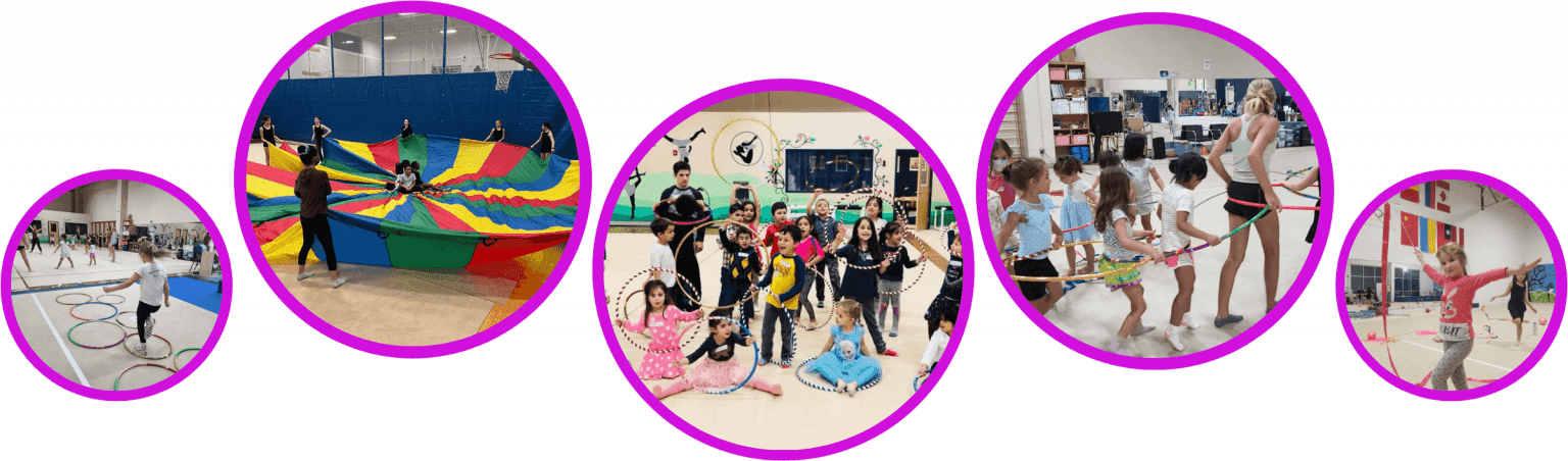 Children enjoying hoops, parachute games, and group activities at Boston Rhythmic birthday parties